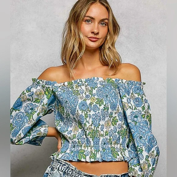 🩵Hello Gorgeous! POL Floral Print Smocked Off-Shoulder Blouse - Picture 3 of 8